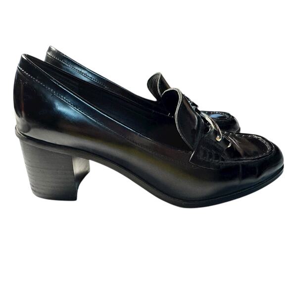 Ralph Lauren Black Leather Chunky Block Heel Loafers 9B Preppy Chic 90s Office - Picture 2 of 12